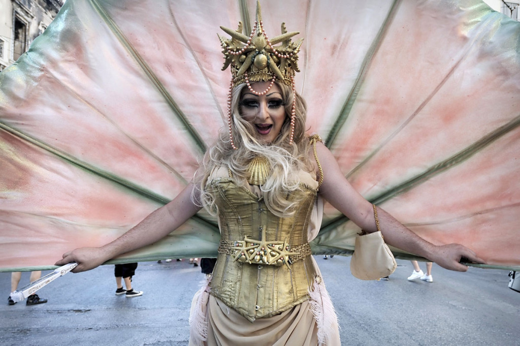A Drag Queen  marches in central Athens